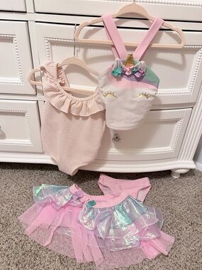 Bundle of 2 Baby Girl 12M Swimsuits Unicorn & Pink Sear sucker
